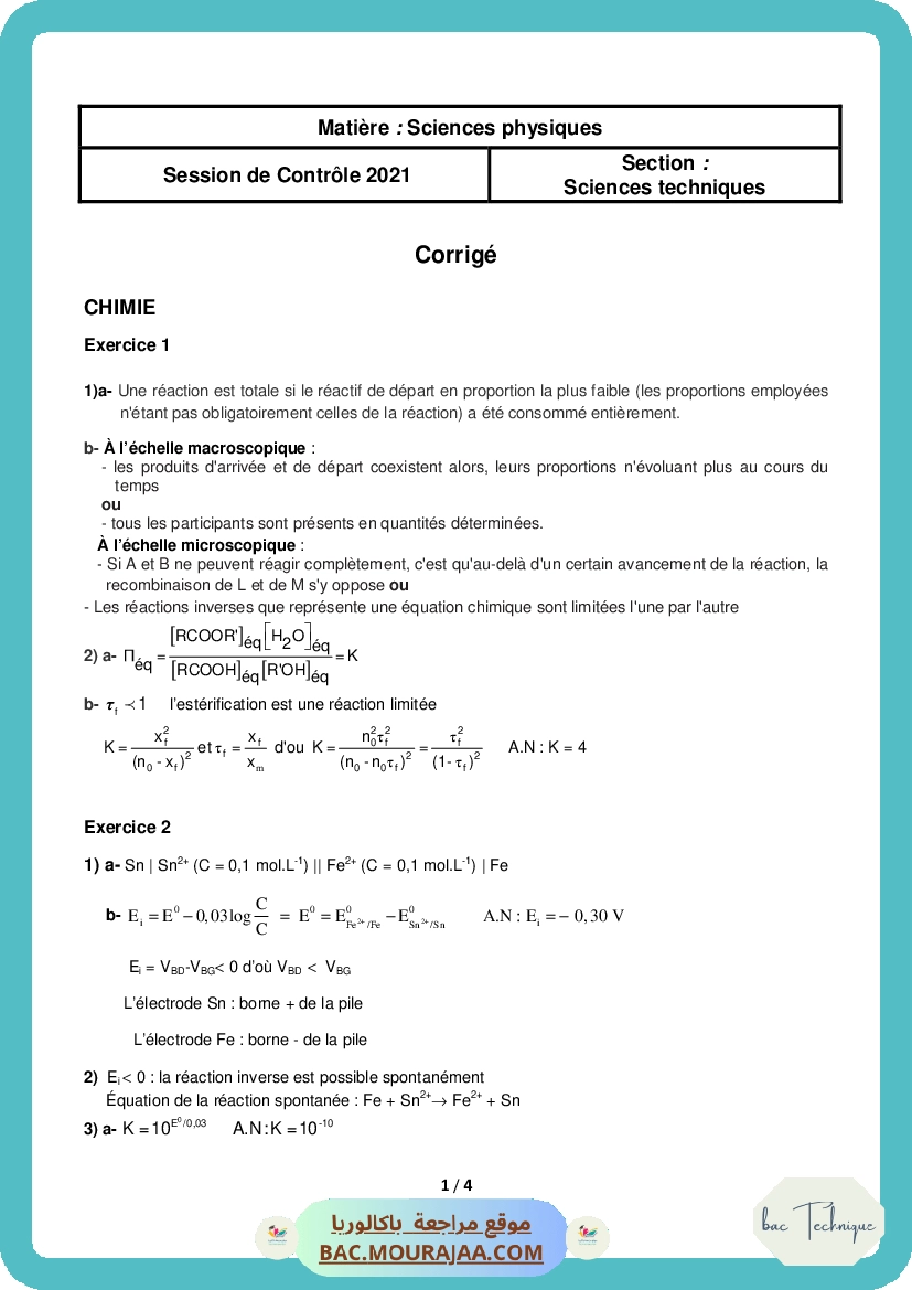 Corrigé controle physique Bac 2021 – Section technique